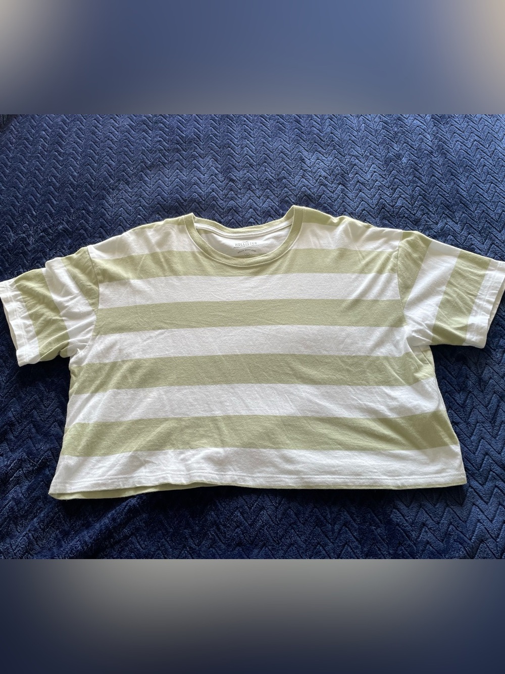 Hollister Green and White Striped Crew Neck T-Shirt